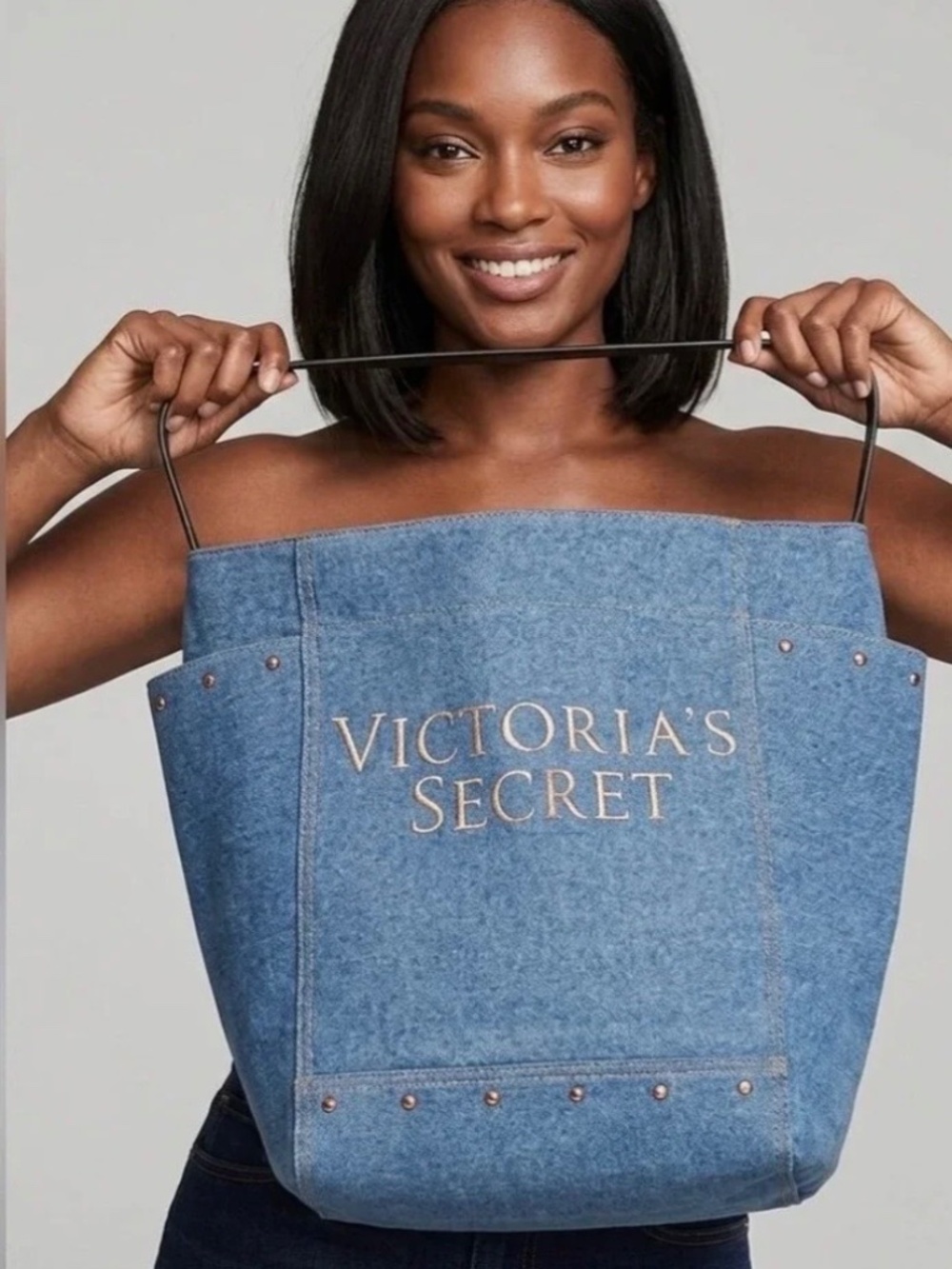 NWT Victorias Secret Denim Tote Bag Blue Rose Gold Logo Studded Shoulder Purse